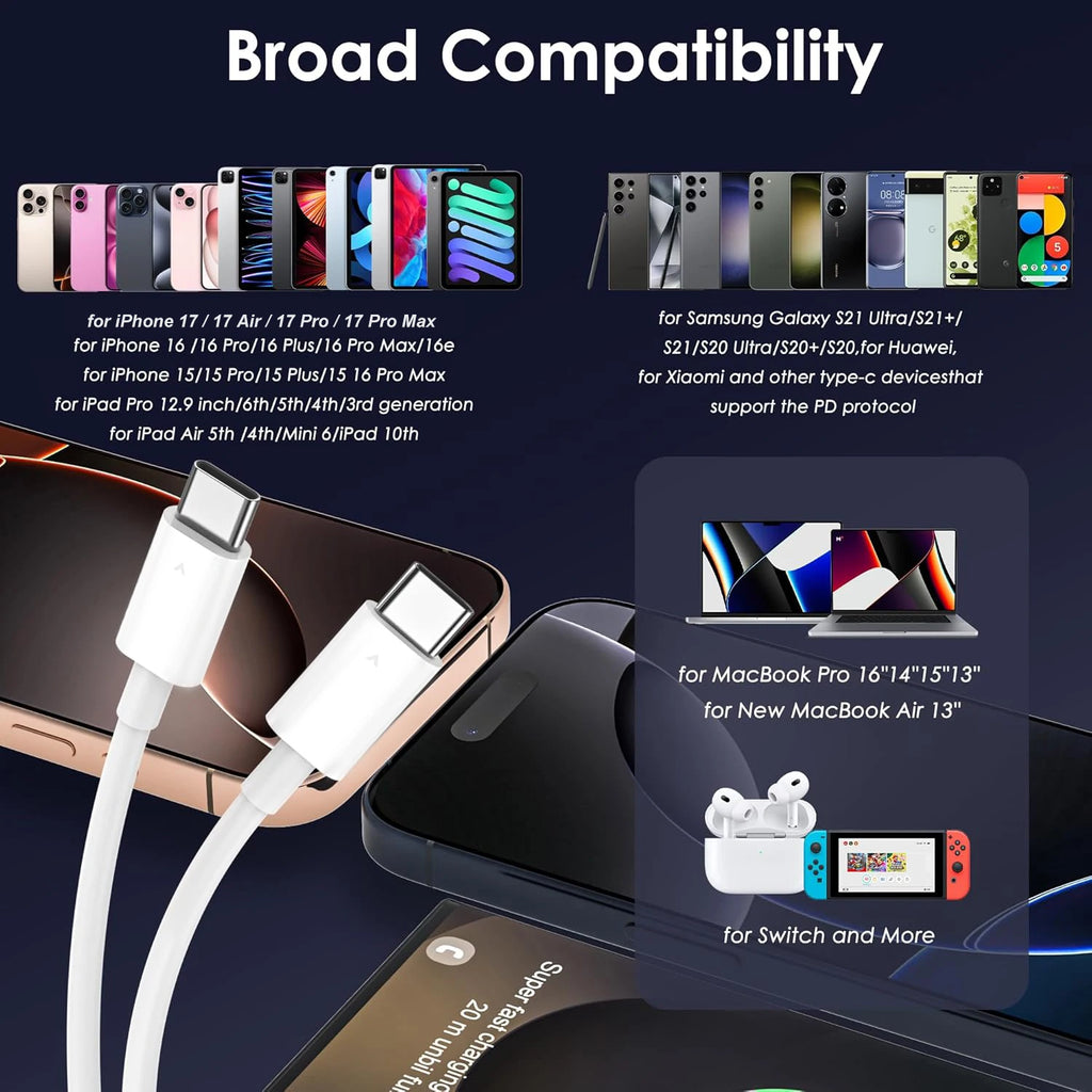 1.8M USB C to Type C Fast Charging Cable for Xiaomi Huawei Samsung Iphone 17 16 15 Series 60W Safe and Efficient Charger Line
